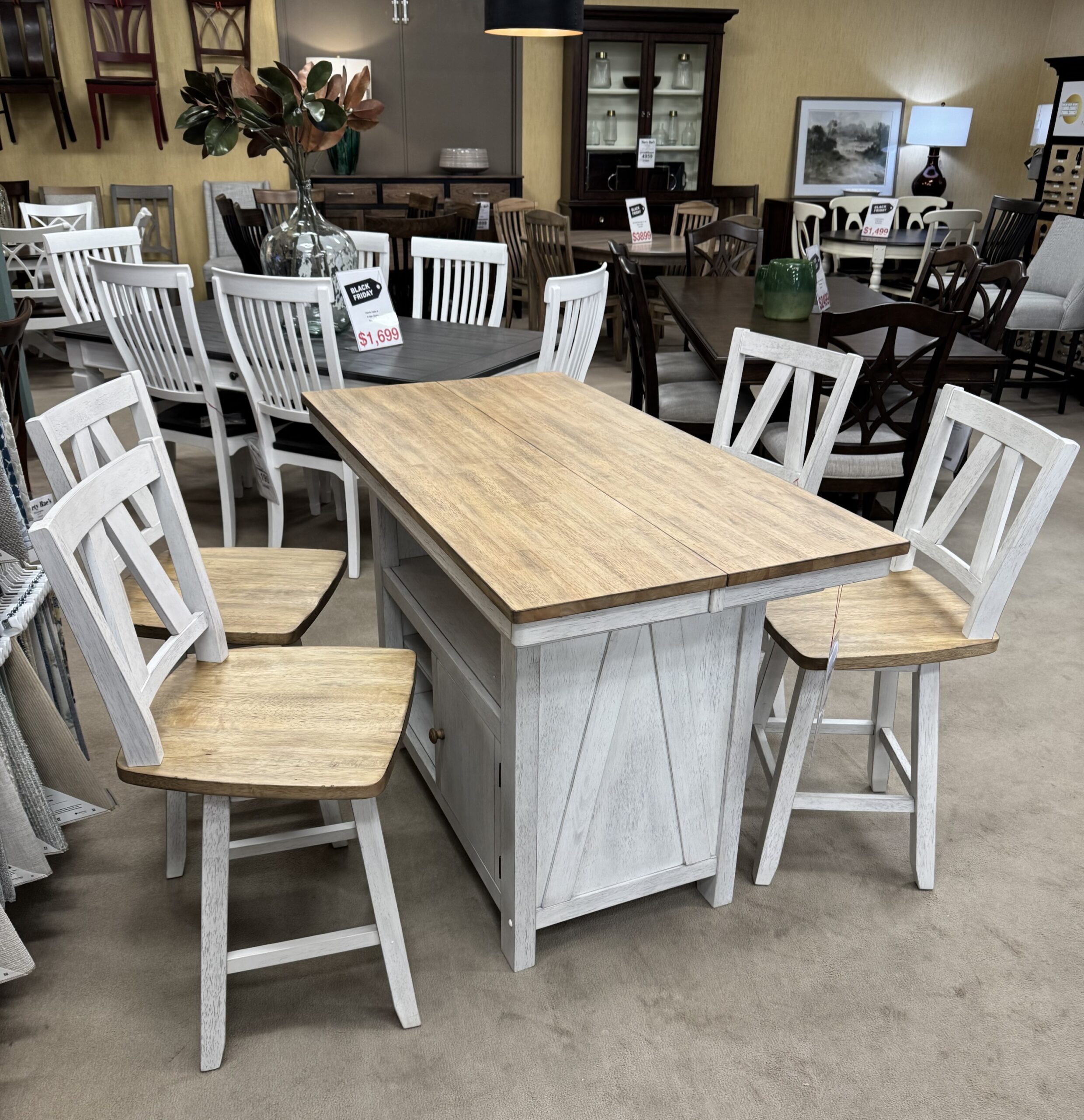 Liberty Kitchen Island With Self Storing Leaf And 4 Swivel Counter Stools
