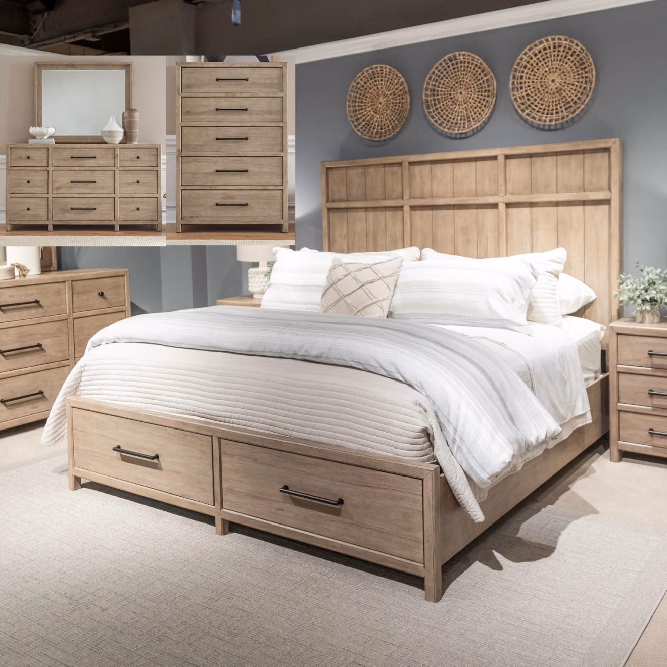 Proximity Place Queen Storage Bed, Dresser & Mirror, Chest
