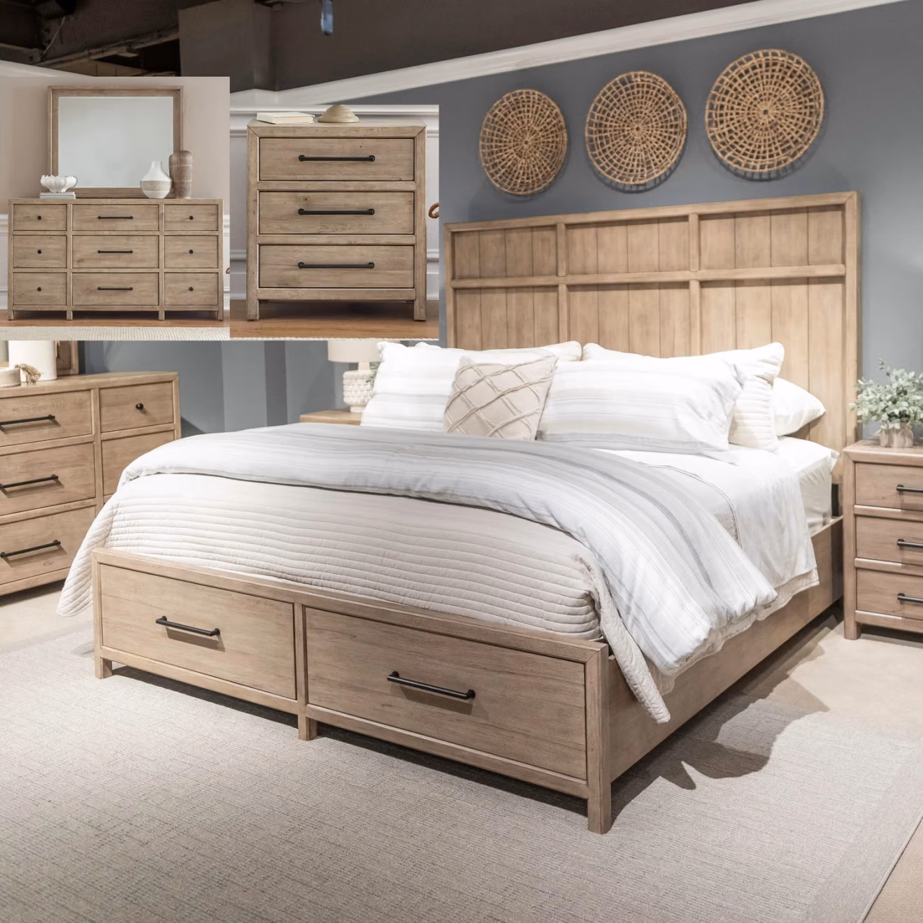 Proximity Place Queen Storage Bed, Dresser & Mirror, Night Stand